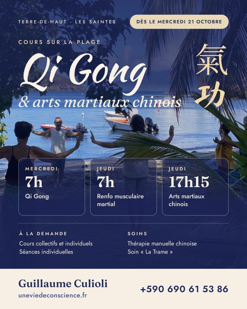 Cours de Qi Gong sur la plage de Terre-de-Haut, aux Saintes