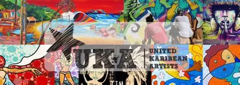 Logo UKA, United Karibean Artists, sur un collage de peintures colorées
